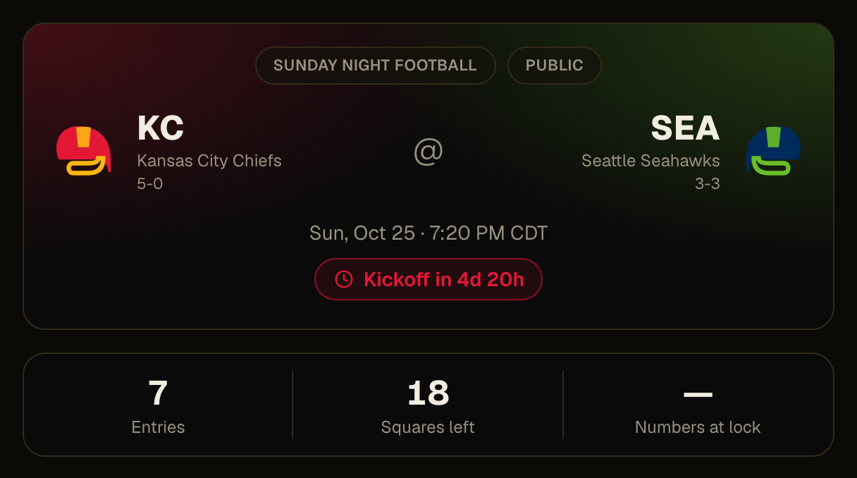 A Sunday Night Football Squares board: Chiefs at Seahawks, kickoff countdown, entries and squares left